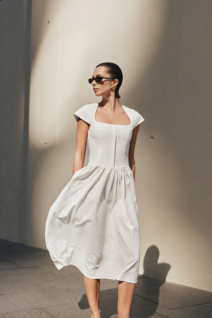 Ayla Pamuklu Fit & Flare Midi Elbise - Beyaz