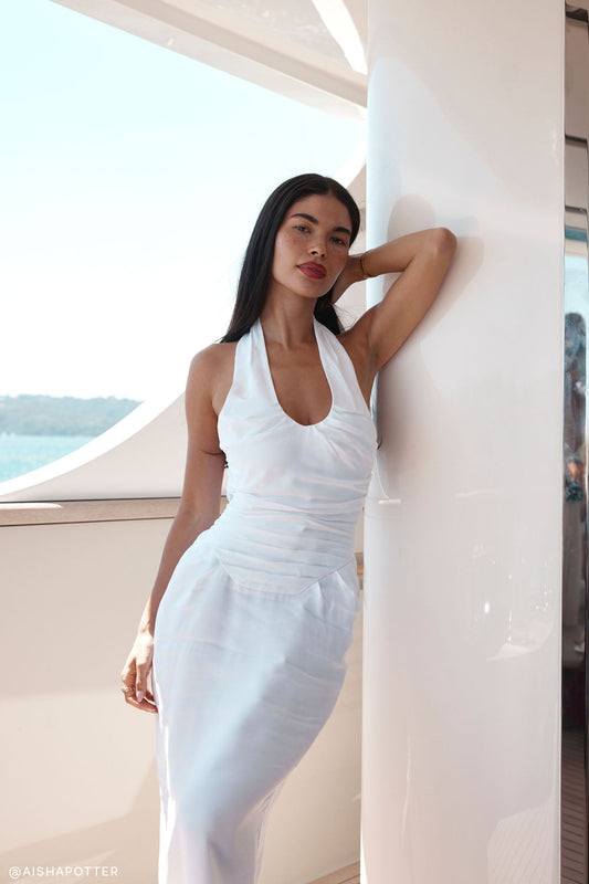 Daniela Büzgülü Halter Midi Elbise - Beyaz