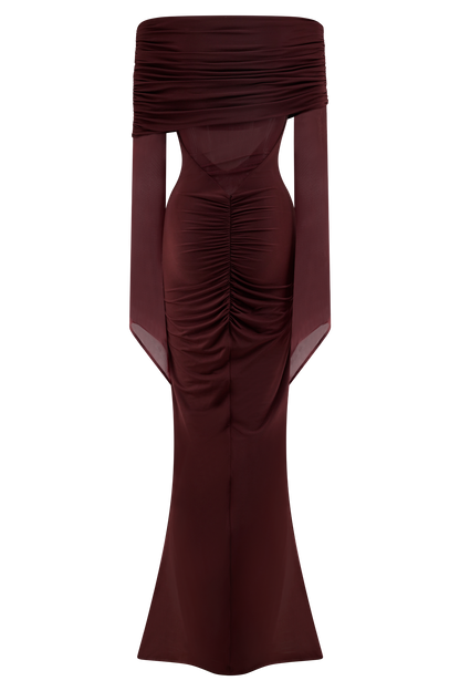 Kaitlin One Shoulder Slinky And Mesh Maxi Dress - Burgundy