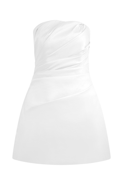 Leslie Büzgülü Tafta Mini Elbise - Beyaz