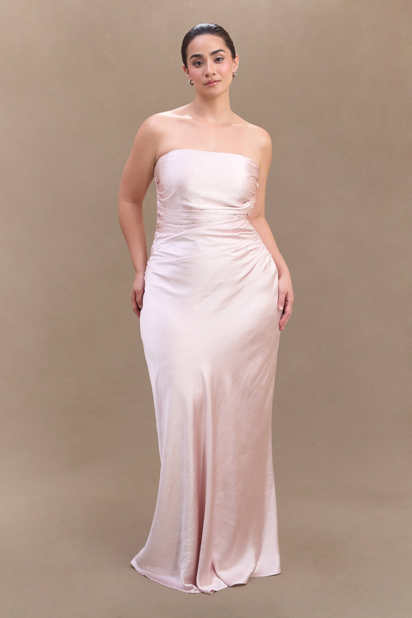 Cedar Strapless Saten Maksi Elbise - Soft Pembe