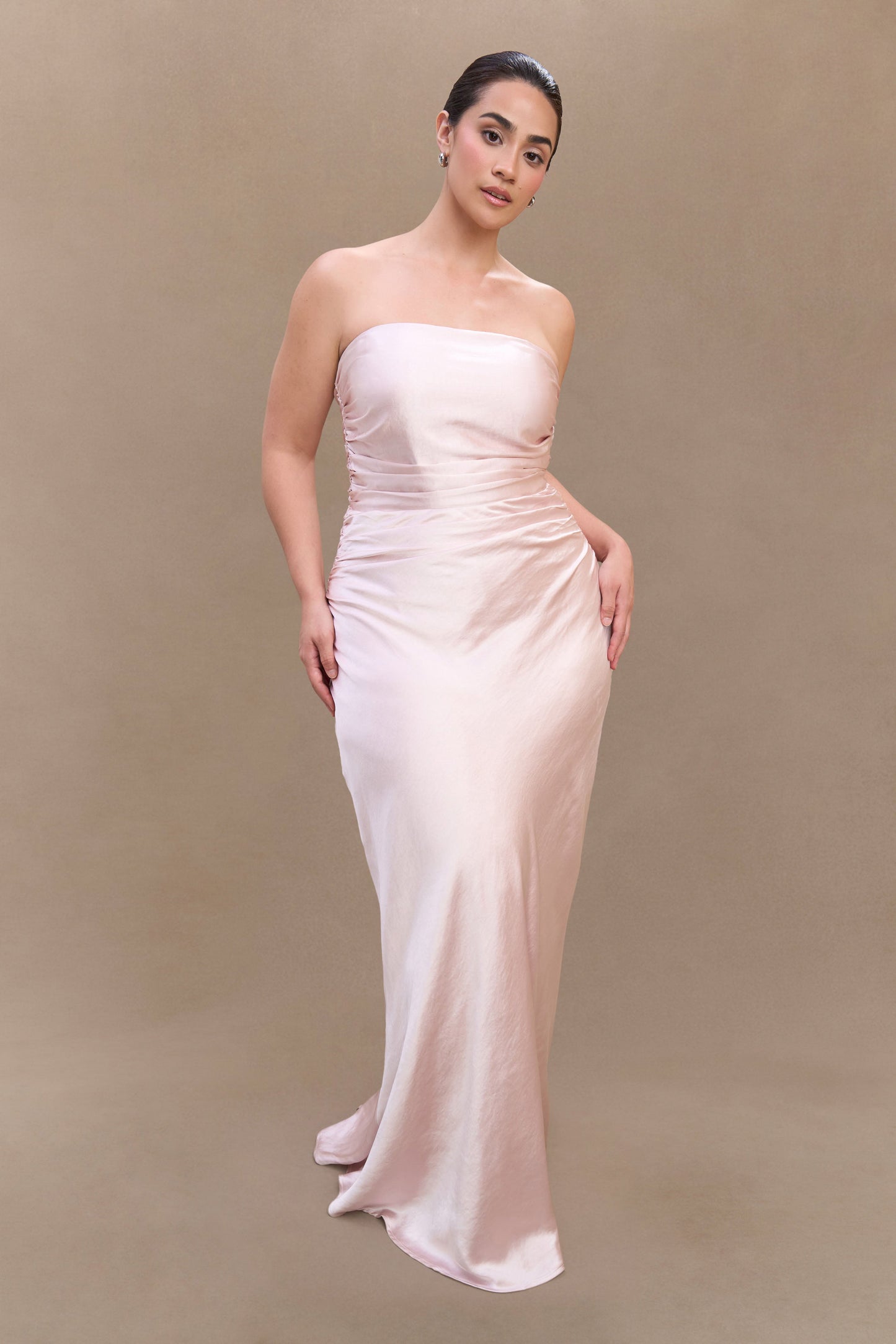 Cedar Strapless Saten Maksi Elbise - Soft Pembe