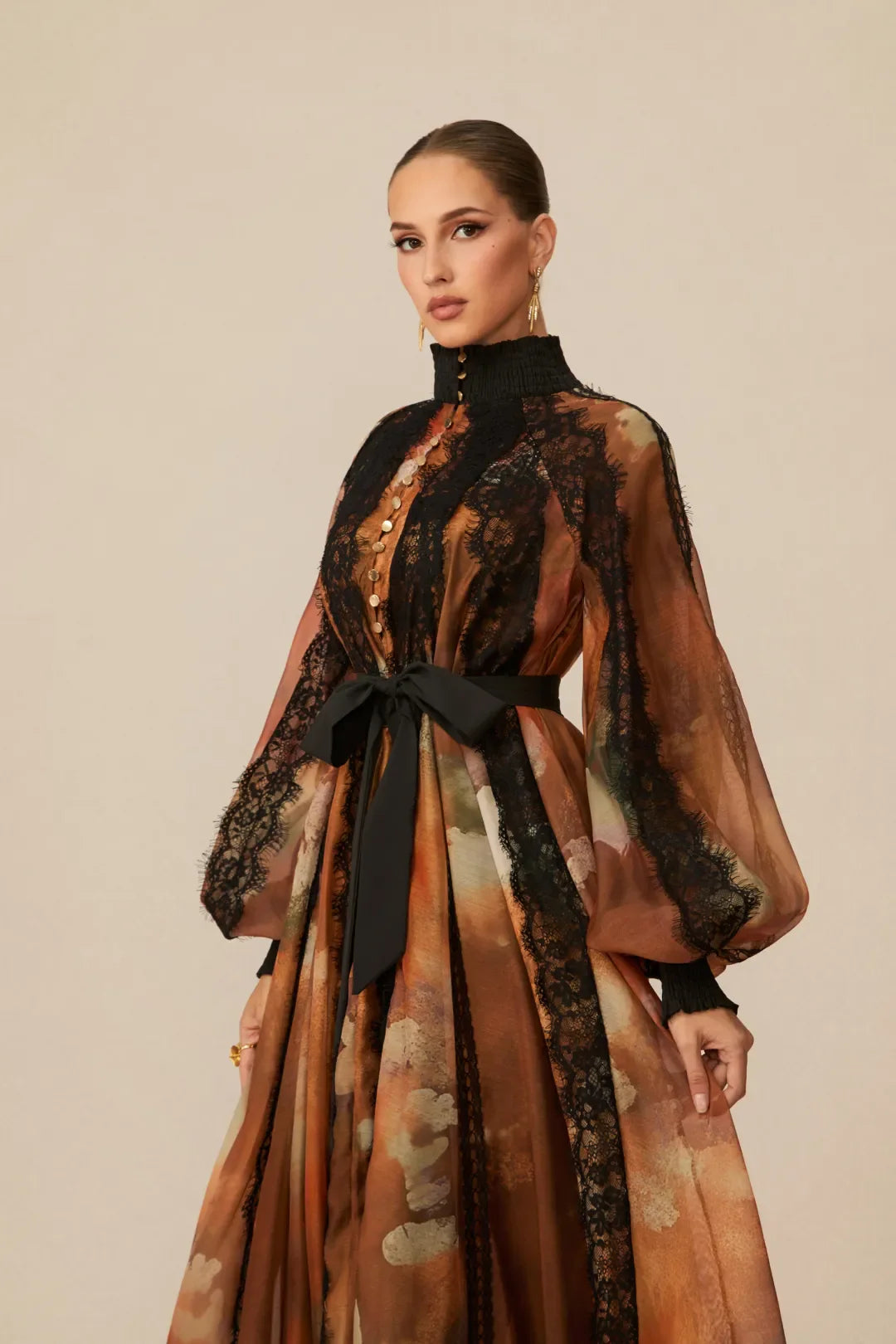 Glam Turuncu Dantel Panelli Midi Elbise