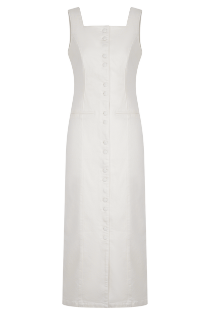 Reyna Denim Midi Elbise - Beyaz