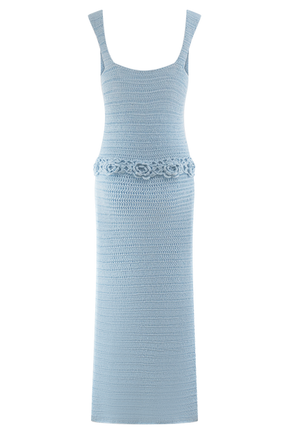 Teagan Floral Hand Crochet Midi Dress - Blue