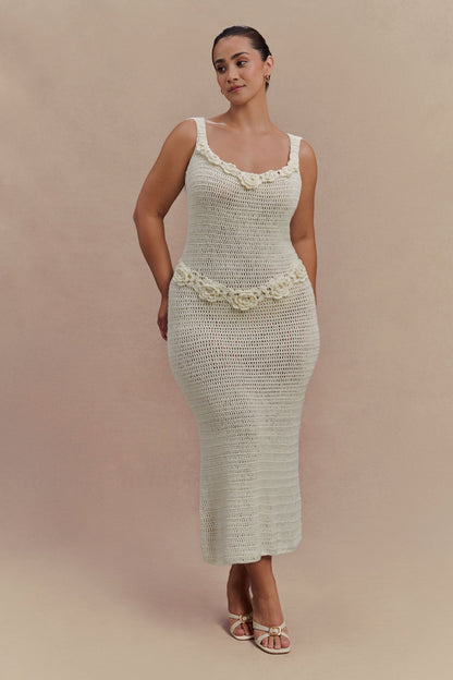 Teagan Floral Hand Crochet Midi Dress - Ivory