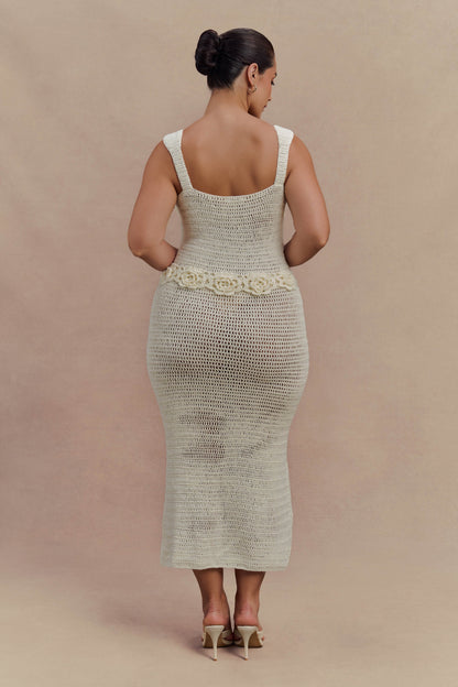Teagan Floral Hand Crochet Midi Dress - Ivory