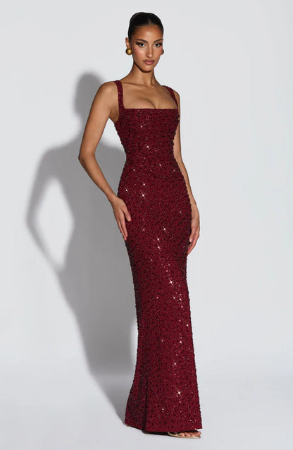 Calanthe Maxi Elbise - Bordo Parıltılı