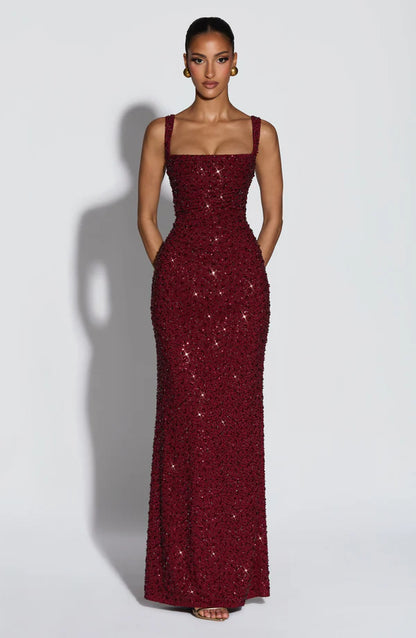 Calanthe Maxi Elbise - Bordo Parıltılı