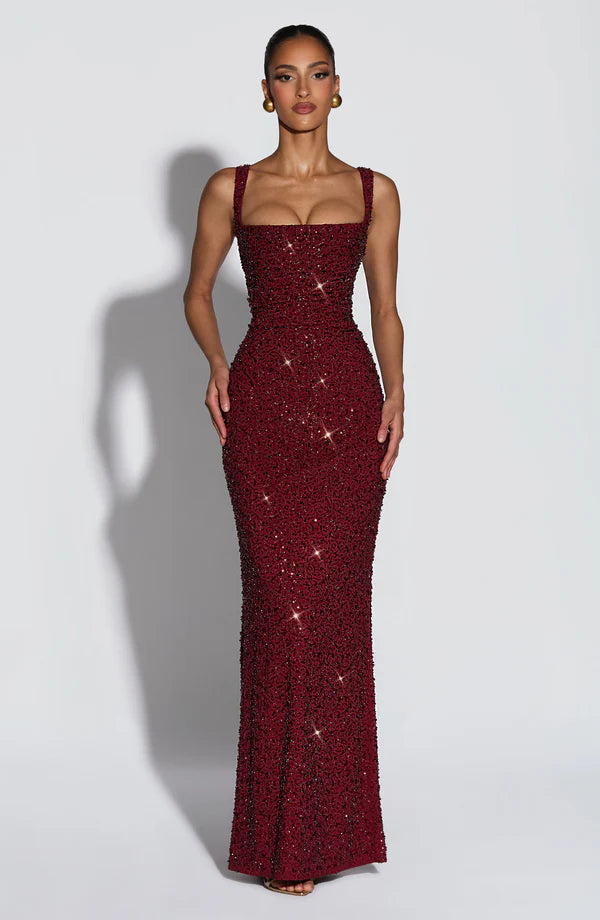 Calanthe Maxi Elbise - Bordo Parıltılı