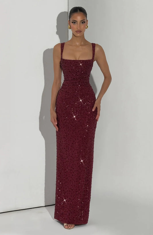 Calanthe Maxi Elbise - Bordo Parıltılı